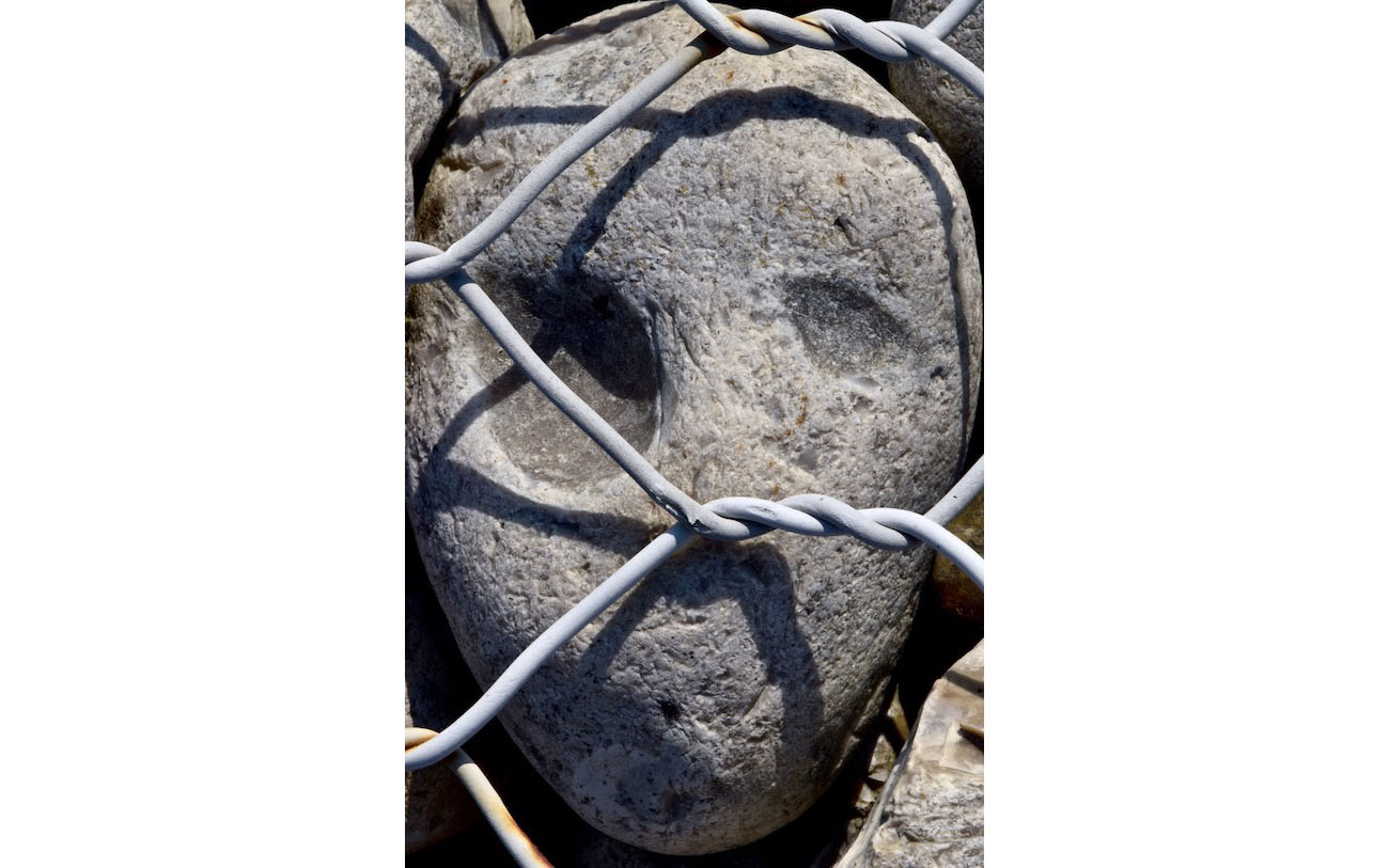 L'enfer du gabion 4-Un air de Saul- Photo J Lamy-2019- S portfolio. Tête droite barrée de noeuds de grillage. avec orbites vides. Evocation d'un visage émacié de camp de concentration. Rappel du film de Làszló Nemes, Le fils de Saul (Sortir du noir de G Didid-Huberman).