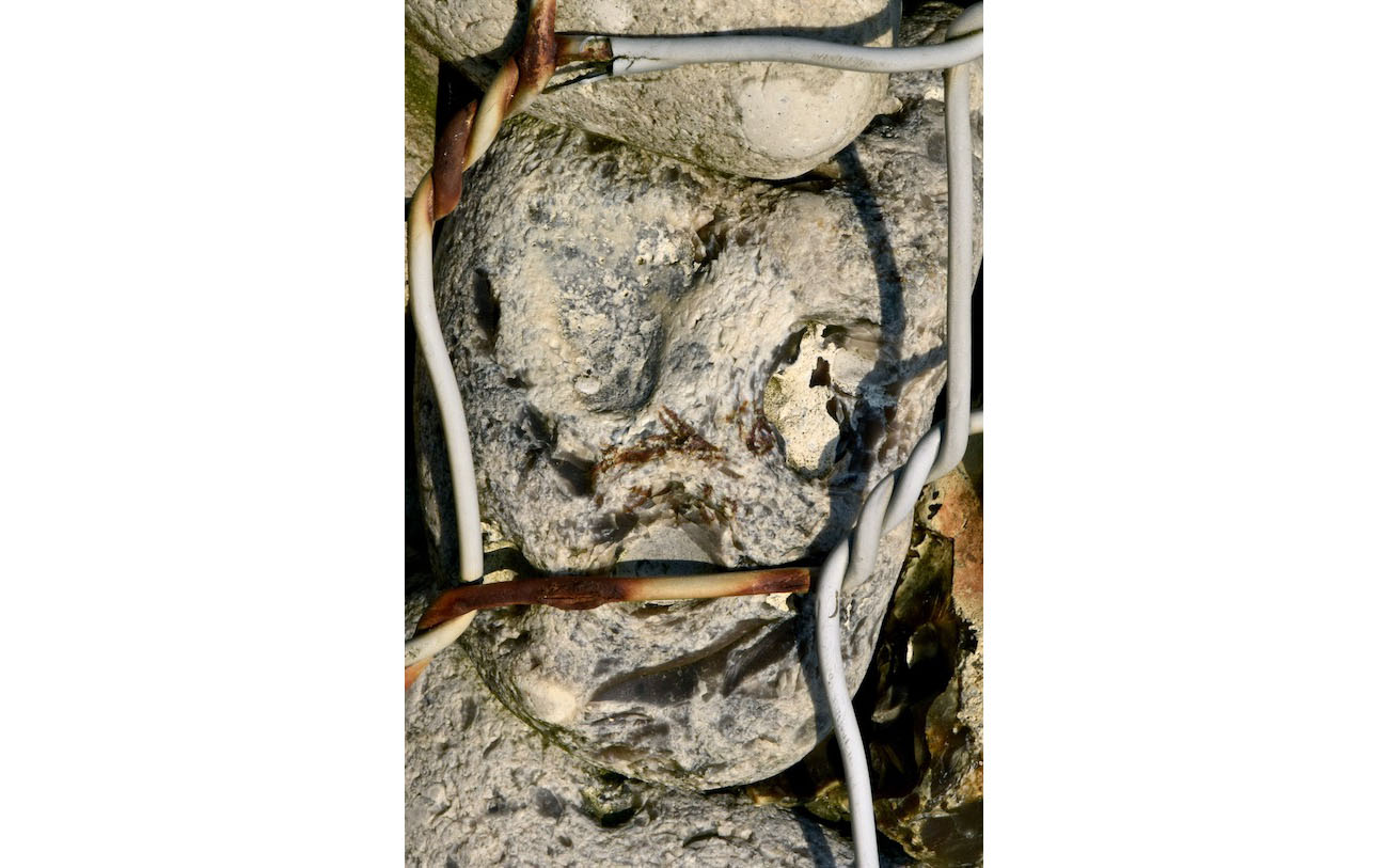 Visage aux orbites vides, entouré par la maille du grillage, a la fois couronne d'épine et mors aux dents -L'enfer du gabion 11-Le mors aux dents-Les pierres du chemin-Photo J Lamy 2019.